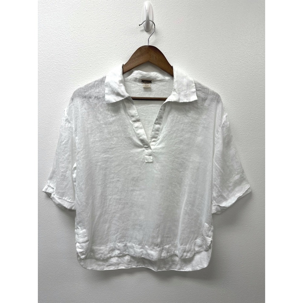 Magaschoni Collared V-Neck Linen Blouse White XS